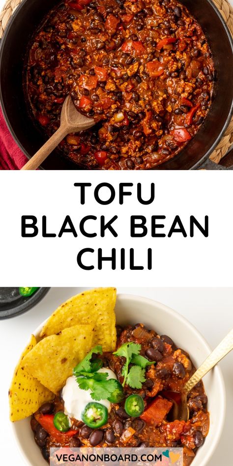 This rich and delicious tofu chili is packed with flavour and plant-based protein! It's smoky, saucy and so hearty. Vegan Tofu Chili, Tofu Beans Recipe, Black Bean Tofu Recipe, Tofu And Beans Recipe, Black Bean Chili Vegan, Vegan Pork And Beans, Tofu Black Bean Recipes, Tofu Chili Recipe, Spicy Black Beans Recipe