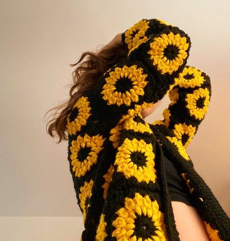 Yellow Party, Stylish Hoodies, Crochet Work, Crochet Cardigan, Sunflower, Yarn, Embroidery, Knitting, Crochet