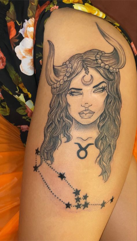 Taurus Lady Tattoo, Taurus Forearm Tattoo, Taurus Hip Tattoo, Taurus Leg Tattoo, Womens Taurus Tattoo, Women Taurus Tattoo, Taurus Queen Tattoo, Taurus Female Tattoo, Goddess Tattoo Design Taurus