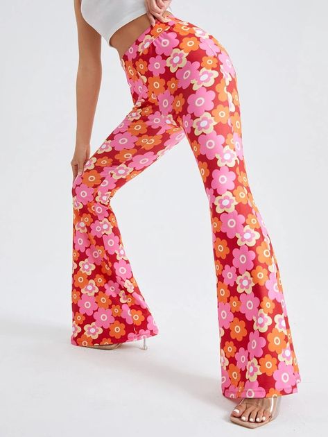 SHEIN ICON Allover Floral Print Flare Leg Pants | SHEIN USA Flower Pants Outfit, Groovy Clothes, Flower Pants, Outfits 70s, 70s Outfits, Coachella Dress, Business Formal Dress, Shein Icon, Flare Leg Pants