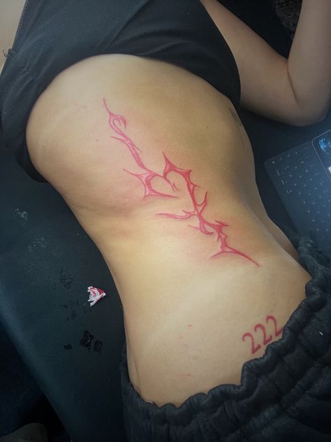 Red Tattoo After Years, Cool Red Tattoos, Faded Red Tattoo, Red Matching Tattoos, Heart Spine Tattoo, Red And Black Tattoo Women, Red Angel Tattoo, Y2k Heart Tattoo, Red Chest Tattoo