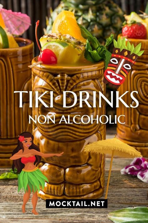 Hawaiian Beverages Non Alcoholic, Non Alcoholic Tiki Drinks, Tiki Mocktail Recipe, Easy Tiki Drinks, Hawaiian Mocktails Non Alcoholic, Tropical Mocktail Recipe, Tiki Cocktails Recipes, Hawaiian Drinks Non Alcoholic, Tropical Drinks Non Alcoholic