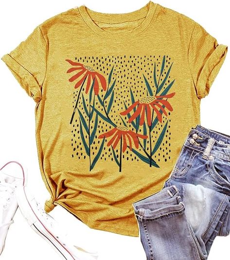 Vintage Floral Shirts Women Boho Wildflowers T-Shirt Wildflower Graphic Tee Shirts Summer Nature Tshirts Tops(As Shown2,M) at Amazon Women’s Clothing store Boho Modern Fashion, Granola Shirts, Womens Tshirt Designs, Floral Shirts Women, Shirt Design For Women, Church Shirt Designs, Popular Graphic Tees, Sunflower T Shirt, Women Tshirt Design