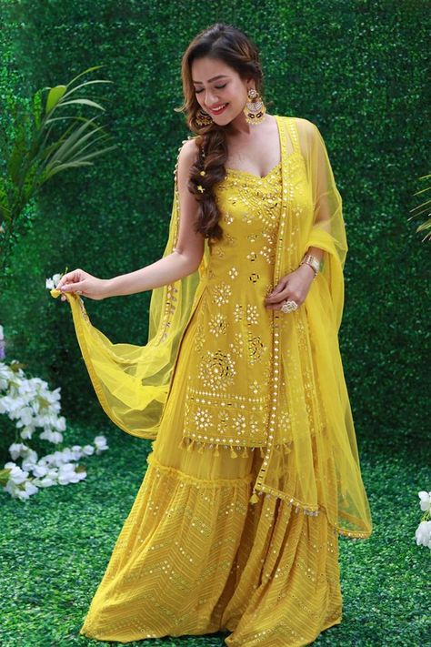 Yellow Georgette Sunshine Kurta Sharara Set - Yellow kurta with resham & mirror work embroidery Sharara Yellow Colour, Yellow Sharara For Haldi, Bridal Haldi Outfit Indian, Dress For Haldi Function, Yellow Sharara Suits, Archana Kochhar, Yellow Sharara, Wedding Mehendi, Yellow Mirror