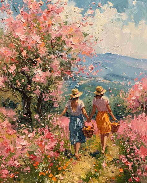 Capture the essence of springtime with this delightful poster. Imagine a scene bathed in warm sunlight: two friends stroll hand-in-hand through a vast field of flowers. A vibrant carpet of blooms stretches towards the horizon and the clear blue sky stretches above, promising a perfect day for exploration. This charming poster is printed on high-quality paper using eco-friendly inks. Choose from a variety of sizes to bring the joy of spring and the spirit of friendship into your home. Note: Frame is not included! 2 Friends Painting, Painting Ideas Vintage Aesthetic, Fields Of Flowers Painting, Aesthetic Painting Landscape, Drawing Ideas For Best Friends, Best Friends Painting Ideas, Cute Paintings For Best Friends, Friends Painting Ideas, Painting For Best Friend