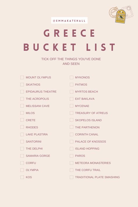 Bucket Lists - Emma Kate Hall Bucket List Greece, Bucket Checklist, Kate Hall, Greece Bucket List, Emma Kate, Travel Wishlist, Trampolines, Travel Checklist, Bucket Lists