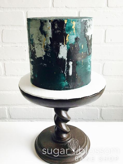 Charcoal, teal and gold masculine cake Mens Birthday Cake Classy, Masculine Cake Ideas, Masculine Cake Design, Green Cake For Men, Masculine Cakes For Men, Masculine Birthday Cake, Textured Buttercream Cake, Buttercream Texture, Textured Cakes