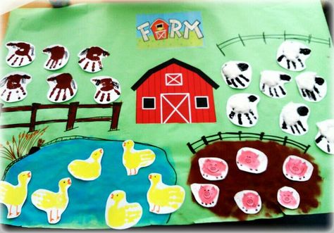 Down By The Farm Crafts, Farm Activities Infants, Hand Print Farm Animals, Handprint Farm Animals Preschool, Kindergarten Farm Crafts, Farm Handprint Art, Infant Farm Activities, Infant Farm Animal Crafts, On The Farm Crafts Preschool