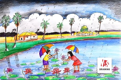 How to Draw a Rainy Season Scenery Rainy Season Scenery, Rainy Season Drawing, Bird Drawing For Kids, Rainy Day Drawing, Oil Pastel Drawings Easy, Drawing Scenery, Scenery Drawing, Rain Painting, Cartoon House