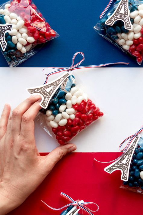 French goodie bag, french flag, candy flag party favors France Crafts For Kids, France Craft, Shower Gifts For Guests, French Themed Parties, Diy Tea Party, Baby Shower Themes Neutral, Baby Shower Gifts For Guests, French Party, Parisian Party