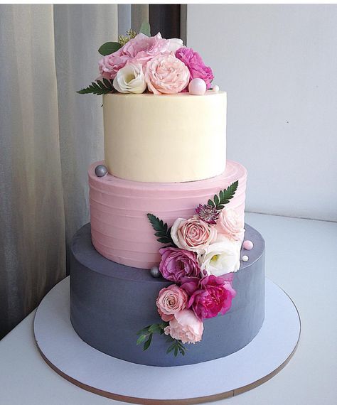 Soft color 3 tiered cake Tiered Cake With Flowers, 3 Tier Cake Designs, Birthday Cake 3 Tier, 3tier Cake, 3 Tier Birthday Cake, 3 Tiered Cake, Buttercream Wedding Cakes, Tiered Cake Design, 3 Tier Cake