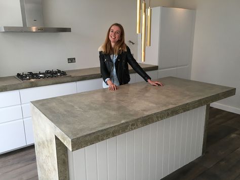 Cement Kitchen Island, Square Island Kitchen, Cement Counter Top, Freestanding Island, Polished Concrete Worktop, Polished Concrete Countertops, Polished Concrete Kitchen, Cement Kitchen, Cement Counter