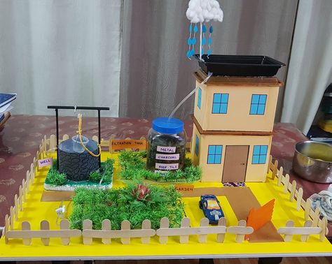 Science project# Rainwater harvesting # working model- #k  rays  group Water Harvesting Ideas, Rainwater Harvesting Model, Science Working Models, Science Exhibition Working Models, Backyard Science, Science Exhibition Ideas, Science Project Models, Science Exhibition Projects, School Science Projects