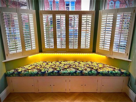 Lola X on Instagram: “Bay window cushions for a lovely Victorian house in West Bridgford Finished in a navy jungle print luxury velvet Scroll through to see…” Window Seats, Victorian Bay Window Seat, Bay Window Cushions, Victorian Bay Window, Bay Window Cushion, Bay Window Seat, Window Cushion, Victorian House, Jungle Print