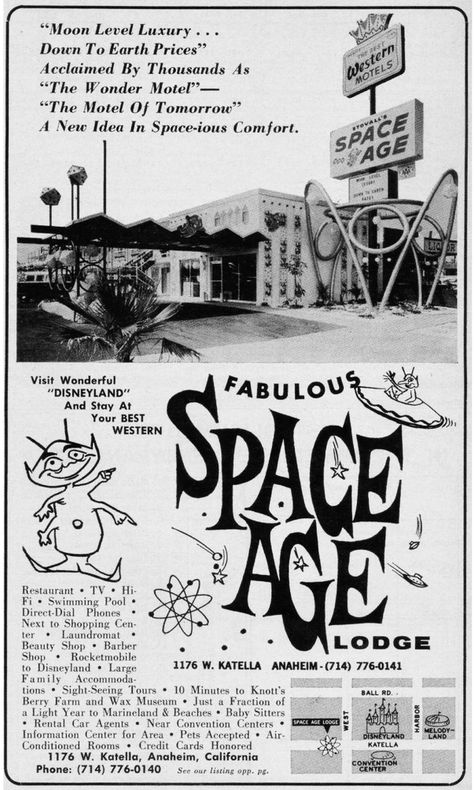 The Fabulous Space Age Lodge 60s Space Age, Atomic Age Design, Oc California, Googie Architecture, Atomic Space Age, Typographie Inspiration, Retro Advertising, Retro Ads, Theme Halloween