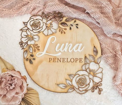 33 Simply Stunning Nursery Name Signs That You Will Adore - Messy Bun Motherhood Floral Name Sign, Baby Shower Announcement, Gold Backdrop, Floral Signs, Wood Name Sign, Laser Engraved Ideas, Wooden Name Signs, Name Plaque, Laser Art