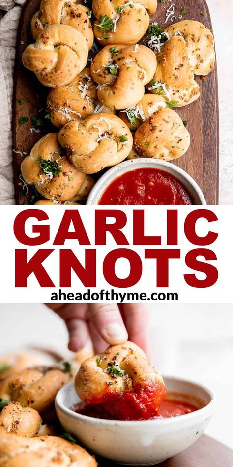 Garlic Knots Herbed Butter, Garlic Knots Recipe, Garlic Rolls, Italian Dinner Party, Thyme Recipes, Garlic Knots, Garlic Bread Recipe, Kneading Dough, Baked Garlic