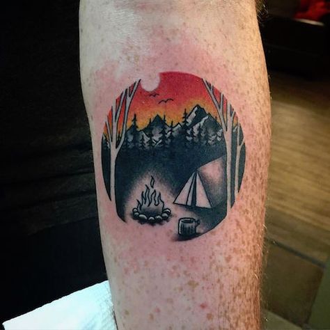 15 BEST CAMPING THEMED TATTOOS | Tattoo.com Camping Tattoo, Lotr Tattoo, Camp Fires, Man Back, Themed Tattoos, Colour Tattoo, Bike Tattoos, Circle Tattoo, Landscape Tattoo