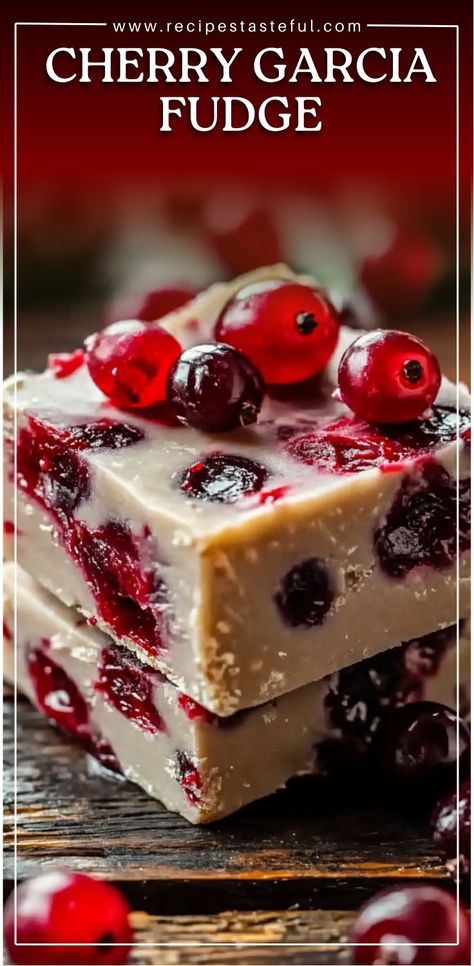 This creamy and indulgent Cherry Garcia Fudge is inspired by the popular ice cream flavor, featuring sweetened condensed milk, white chocolate, and a mix of dried and maraschino cherries, plus a hint of dark chocolate. It's the perfect treat for any cherry and chocolate lover! Cherry Fudge Recipes, Cherry Fudge, Marachino Cherries, Cherry And Chocolate, Cherry Garcia, Ice Cream Flavor, Maraschino Cherries, Cherry Recipes, Indulgent Desserts