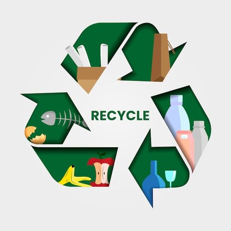 Recycling symbol with various objects th... | Premium Vector #Freepik #vector #waste-recycling #plastic-recycle #waste #plastic-waste Recycle Graphic Design, Aesthetic Recycling, Recycling Logo Design, Recycle Drawing, Recycle Poster Design, 3r Reduce Reuse Recycle, Recycling Poster, Food Recycling, Recycled Logo