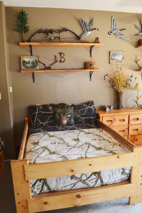 Rustic Hunt Theme Boys Room Boys Hunting Theme Bedroom, Camo Boys Room, Vintage Hunting Boys Room, Hunting Bedroom For Boys, Hunting And Fishing Room, Boys Rustic Bedroom Ideas, Boys Hunting Bedroom Ideas, Boys Outdoor Theme Bedroom, Hunting Theme Room