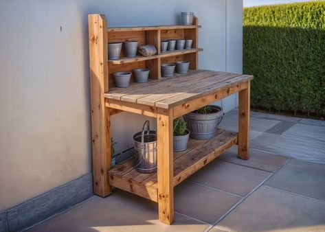 DIY Simple Potting Bench Potting Bench Build Plan Patio Plans Outdoor Potting Bench - Etsy Garden Workbench Potting Station, Planting Station Potting Tables, Potting Tables Diy, Potting Table Ideas, Outdoor Potting Bench Ideas, Garden Potting Station, Outdoor Potting Table, Trellis Bench, Gardening Station