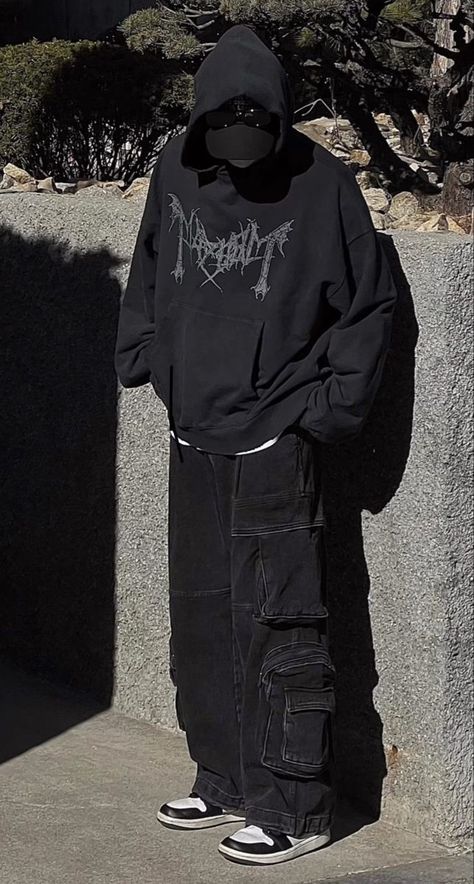 Black Hoodie Outfit Men Streetwear, Black Baggy Outfit, Black Hoodie Outfit, Baggy Clothes Outfit, Baggy Pants Outfit, Y2k Outfits Men, Hoodie Outfit Men, Black Outfit Men, Goth Outfit