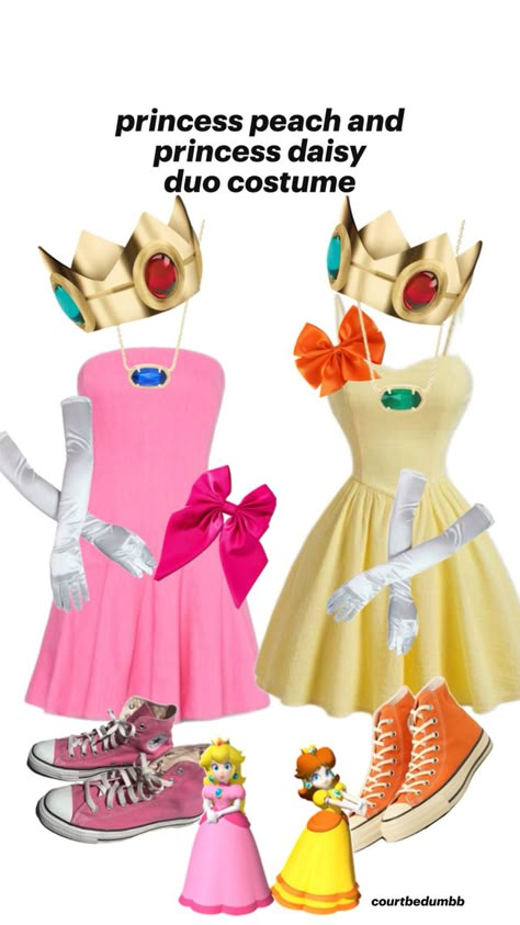 #fyp #viral #halloweencostume #duo #halloween #outfit #outfitinspo #supermario Princess Peach And Daisy, Princess Peach Halloween Costume, Princess Peach Halloween, Mario Halloween Costumes, Peach And Daisy, Easy College Halloween Costumes, Halloween Duos, Cute Group Halloween Costumes, Duo Costumes