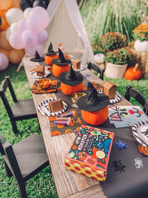 Halloween Kids Birthday Party Ideas, Outside Halloween Birthday Party, Halloween Theme Kids Birthday Party, Halloween 6th Birthday Party, Halloween 3rd Birthday Party Decor, 5th Halloween Birthday Party, Kids Pumpkin Decorating Party, Halloween Themed 3rd Birthday Party, Halloween Bday Party For Kids