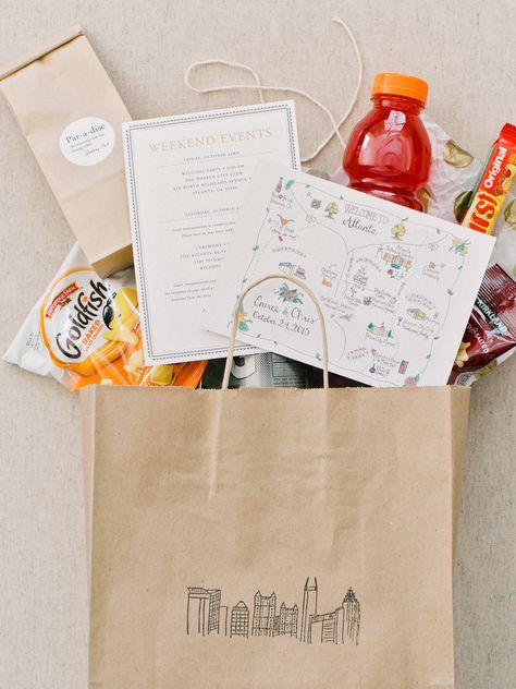 Give your guests a taste of the urban venue they're heading to with a scene of the city's skyline printed on your welcome bags, like this couple did. Beach Wedding Favours, Wedding Welcome Baskets, Hotel Welcome Bags, Welcome Baskets, Wedding Welcome Gifts, Welcome Bag, Break The Rules, Wedding Gift Bags, Wedding Welcome Bags