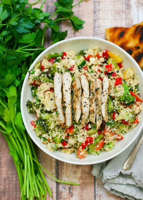 Veggie Packed Couscous Salad with Lemon Oregano Chicken. Delicious and full of veggies and herbs. Couscous Salad Dressing, Lemon Oregano Chicken, Chicken Couscous Salad, Oregano Chicken, Best Potato Salad Recipe, Chicken Couscous, Smoked Salmon Salad, Chicken Chopped Salad, Easy Potato Salad