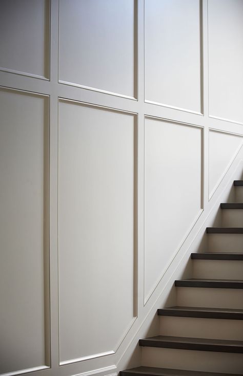 Trim Remodel, Hallway Small, Wall Profile, Wall Paneling Ideas, Paneling Design, Paneling Ideas, Stair Paneling, Wainscoting Wall, Stairs Decor