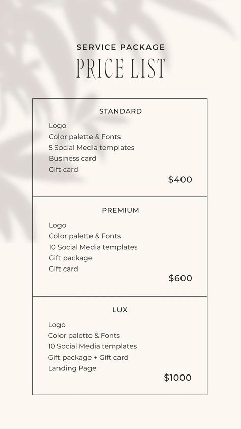 Logo Design Price List, Branding Price List Design, Social Media Pricing Packages Template, Graphic Design Packages Pricing, Marketing Agency Price List, Creative Price List Design, Services List Design, Graphic Designer Price List Design, Graphic Design Price List Layout