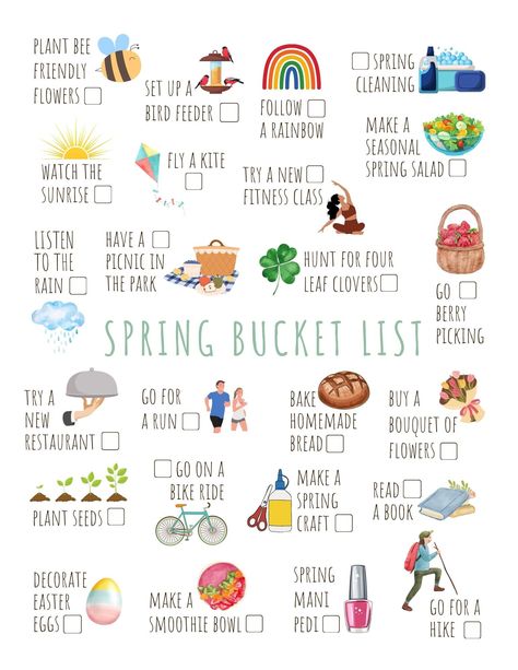 "This INSTANT DOWNLOAD Printable Spring Bucket List allows you to check off 24 different great way to celebrate Spring! All you need to do is simply download and print as many copies as you would like! *INCLUDED*  - 8.5x11 PDF After Purchase: -Once you have purchased this item you will instantly have access to the Etsy download page and you will also receive a download link in your email. -Click \"download\" and save the file to your computer. -You can also follow this link: https://www.etsy.com/your/purchases and then to the right of your order, click to \"Download Files\" -Simply print your file at home and you are ready to go INSTANT DIGITAL DOWNLOAD (no physical print will be mailed to you) You will receive an e-mail from Etsy with your downloadable PDF link after your payment is confi Spring List Things To Do, March Bucket List 2024, Bucket List Bingo, April Bucket List 2024, Toddler Spring Bucket List, Fun Things To Do In Spring, Spring Bucket List For Kids, April Bucket List Ideas, May Bucket List Ideas