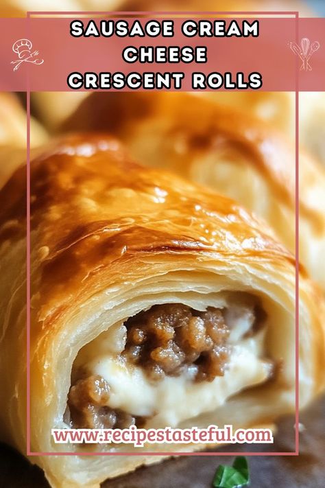 These Sausage Cream Cheese Crescent Rolls are the perfect bite-sized appetizer or breakfast option. With a savory filling of ground pork sausage and creamy cheese, wrapped in flaky crescent dough, they are a crowd-pleaser for any occasion! Ground Pork Sausage Recipes, Sausage Cream Cheese Crescent Rolls, Crescent Sausage Bites, Sausage Appetizer Recipes, Sausage Crescent Rolls, Sausage And Cream Cheese, Pilsbury Recipes, Recipes Using Crescent Rolls, Ground Sausage Recipes