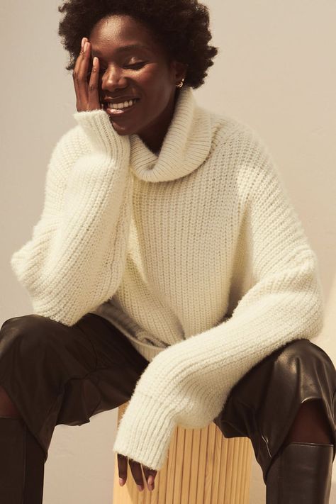 Oversized Tailoring, Sleek Outfit, Shirt Tucked In, Black Knit Dress, Studio Photoshoot, Photoshoot Inspo, Clothing Photography, Knit Turtleneck Sweater, Sweater White