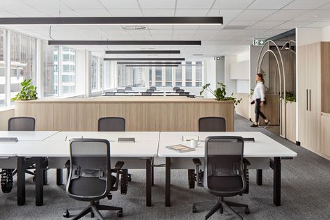 Workstation Interior Design, Scandi Office, Timber Joinery, Workstations Design, Muji Style, Exposed Ceilings, Corporate Office Design, Budget Design, Sit To Stand