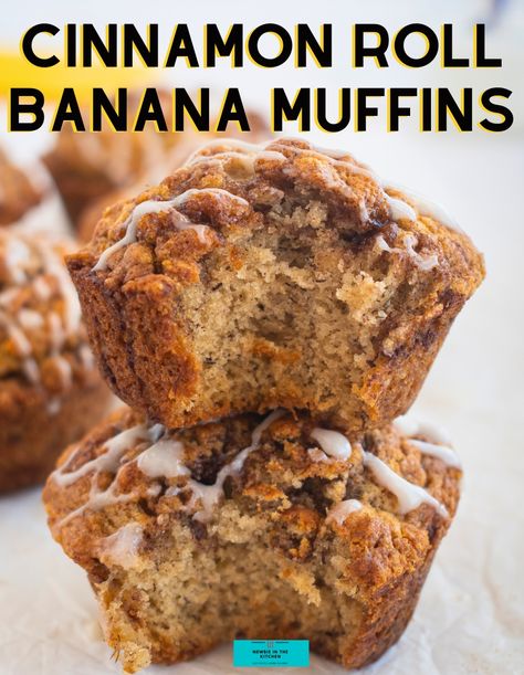 Cinnamon Roll Banana Muffins, tender banana muffins with a hint of cinnamon and topped with a delicious vanilla cream cheese glaze. An easy breakfast using ripe bananas. Using Ripe Bananas, Best Banana Muffin Recipe, Banana Cinnamon Muffins, French Yogurt Cake, Rhubarb Oatmeal, Vanilla Cream Cheese, Coffee And Walnut Cake, Honey Granola, Banana Muffin Recipe