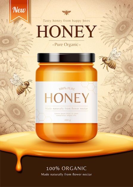 Sunflower honey ad | Premium Vector #Freepik #vector #honey-poster #honey-mockup #honey-bottle #honey-jar Honey Photography, Pure Honey, Organic Honey, Fashion Wallpaper, Social Media Design, Premium Vector, Graphic Resources, Sunflower, Honey