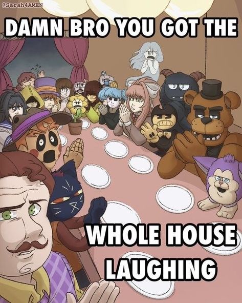 Art isnt mine! Fandom Crossover, Fnaf Memes, Fnaf Funny, Silly Images, Cartoon Crossovers, Very Funny Pictures, Silly Pictures, Internet Funny, Indie Games