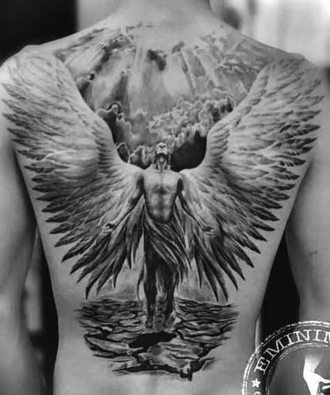 Mens Angel Back Tattoo, Back Tattoos For Guys Upper Words, Chest Tattoo Men Angel, Back Angel Tattoo For Men, Gardian Angel Tattoo For Men, Back Tattoos For Guys Angel, Micheal Arc Angel Tattoo, Angel Tattoo Men Back, Men’s Angel Tattoo