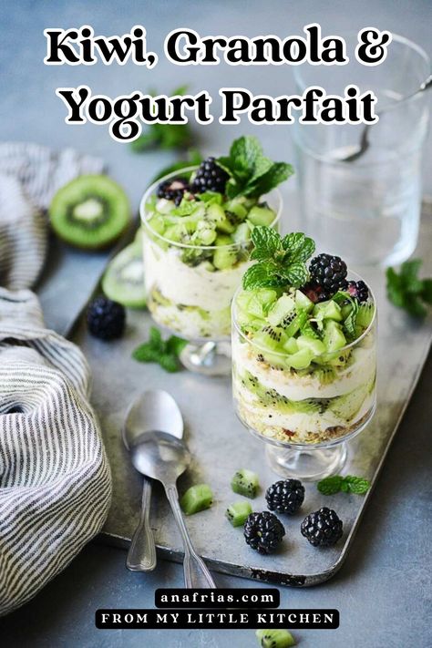 This Granola & Yogurt Parfait is layered with your favorite fruit like kiwi for a healthy, nutritious and tasty option for any meal or snack. Granola Yogurt Parfait, Kiwi Nutrition, Crispy Granola, Fruit Parfait, Nonfat Greek Yogurt, Crunchy Granola, Yogurt And Granola, Granola Cereal, Yogurt Parfait