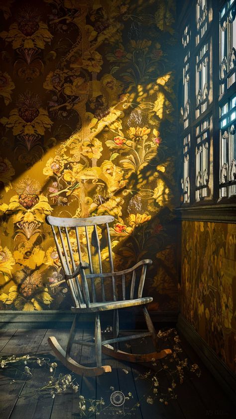 Step into a captivating vintage room adorned with intricate yellow wallpaper featuring floral patterns in gold and deep mustard. Sunlight dances through an ornate window, highlighting the wallpaper's textures and the empty rocking chair surrounded by dried flowers. This serene yet slightly unsettling atmosphere evokes nostalgia and mystery, inviting exploration. #YellowWallpaper #VintageDecor #InteriorDesign #Nostalgia The Yellow Wallpaper Aesthetic, Mustard Yellow Wallpaper, Ornate Window, The Yellow Wallpaper, Yellow Wallpapers, Wallpaper Project, Vintage Room, Yellow Wallpaper, Textured Wallpaper