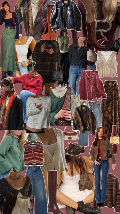 A full collage of earthy toned outfit inspiration for fall. Long skirts, knee high boots, multicolored scarves, leather jackets, lace tanks, and chunky sweaters! Autumn Outfits, Fall Witchy Outfits, Witchy Fall Outfits, Witchy Fall, Witchy Outfits, Earthy Outfits, Outfit Inspo Fall, Fall Outfit, Fall Vibes