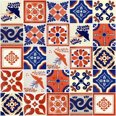 "*25 Mexican Tiles assorted designs. *ceramic tile size: 4x4 \" each (these may present variations in size), Due to the rotation stock the designs may vary *Tiles may present slight variations in colors, designs and size, due to its handmade process. *Handmade in Mexico, not frost proof *Tiles are suitable for bathroom walls, counter tops, backsplash, stairs, etc. No matter how big your order, we can fill it!Decorative Tile" Mexican Tile Stencil, Spanish Tile Painting, Mexican Tile Aesthetic, Cool Tile Designs, Mexican Mosaic Tiles, Spanish Tile Art, Ceramic Tile Pattern, Spanish Ceramic Tiles, Mexican Ceramic Tiles