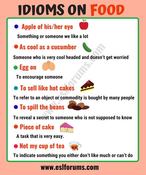 10 Interesting FOOD Idioms and Their Meaning! - ESL Forums Food Idioms, Idioms In English, Common English Idioms, English Poster, Idiomatic Expressions, English Phrases Idioms, Improve English, Idioms And Phrases, Essay Writing Skills