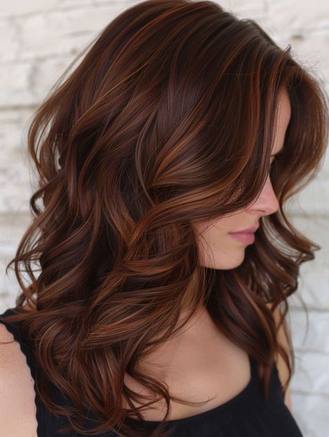 Fall Hair Colors Cinnamon, Sun Kissed Cinnamon Hair, Root Beer Hair Color, Mid Length Dark Auburn Hair, Deep Cinnamon Hair Color, Medium Auburn Hair Color With Highlights, All Over Auburn Hair Color, Warm Rich Brunette Hair, Brunette With Red Lowlights