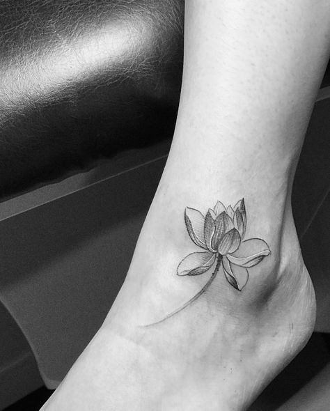 Lotus Foot Tattoo, Waterlily Flower Tattoo, Ankle Tattoo Mandala, Lotus Tattoo Men, Waterlily Tattoos, Flower Ankle Tattoo, Adoption Tattoo, Black Lotus Tattoo, Lotus Flower Tattoo Meaning