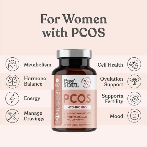 Shop here: https://amzn.to/3PF8ey0 Free Soul PCOS Supplement | 4,000mg Myo-Inositol, 200ug Folate, 100ug Chromium Plus 10,000mg Maca for Optimal Support | Natural Support for Women - 360 Vegan & Gluten-Free Capsules | UK Made PCOS suppliments that help with symptoms assosicated with PCOS. #PCOS Myo Inositol, Supplements Packaging, Women Supplements, Polycystic Ovaries, Free Soul, Supplements For Women, Amazon Products, Multivitamin, Summer 2023