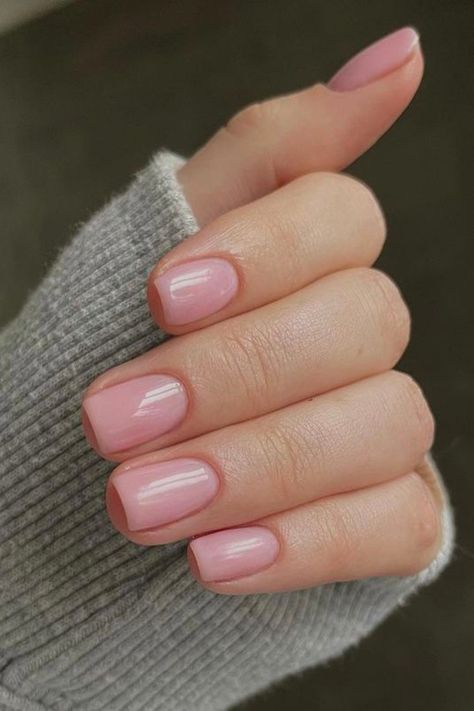 Short Nails Soft Pink, Early Spring Nails Solid Colors, Short Soft Square Nails, Soft Pink Nails Short, Nude Pink Square Nails, Square Tapered Nails, Nails Rounded Square, Pink Clear Acrylic Nails, Clear Nails Short